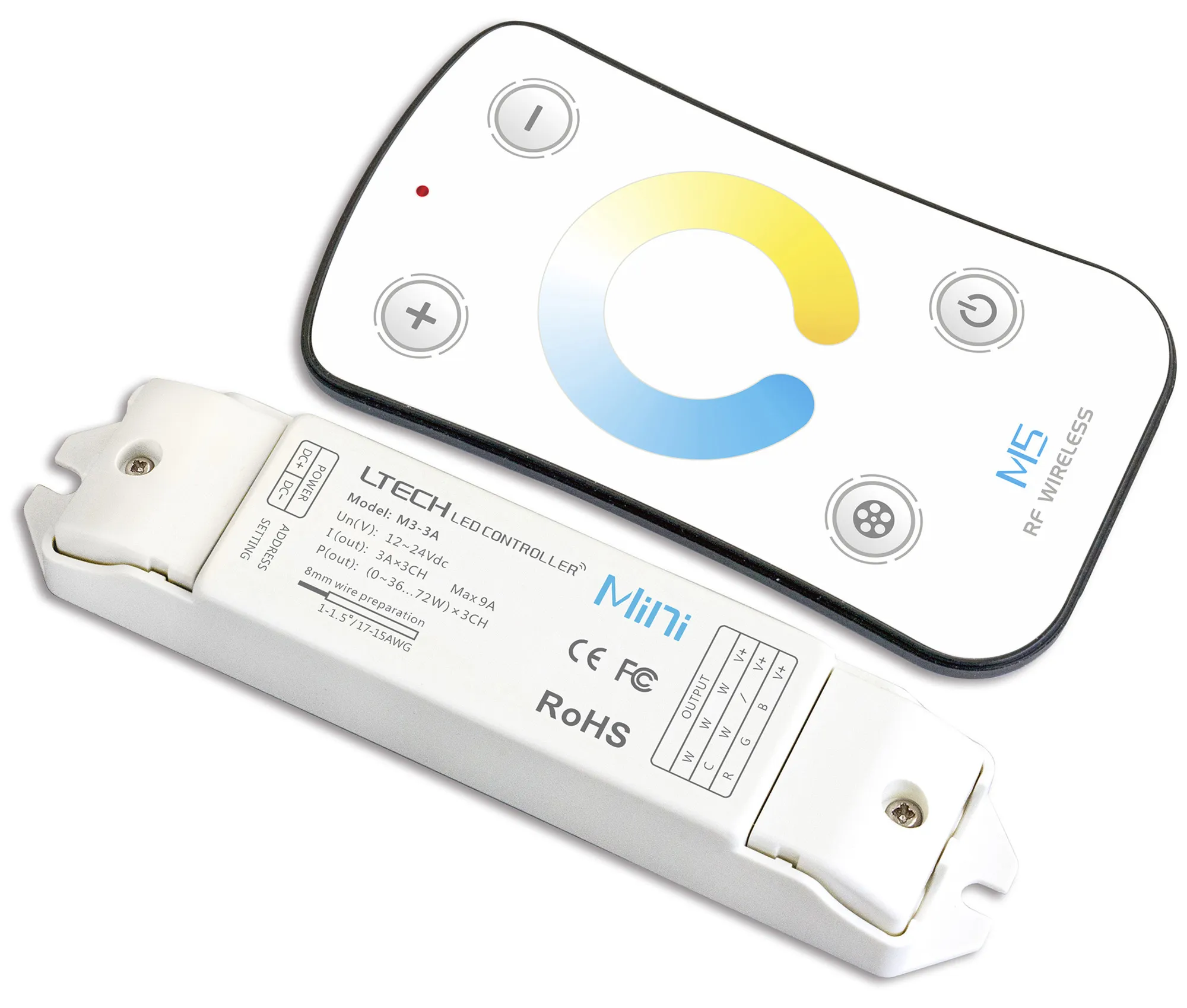 M5+M3-3A  Remote Control+Receiver CV CCT Controller, 12/24 V DC, 108/216W, 9A (3A x 3CH), PWM-CV output, 40m remote range, IP20.